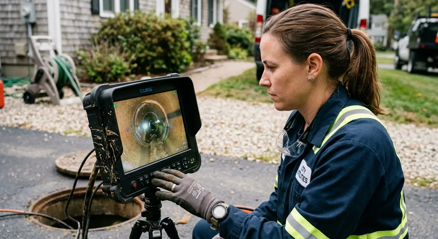 Technician reviewing sewer camera inspection footage in O'Hara