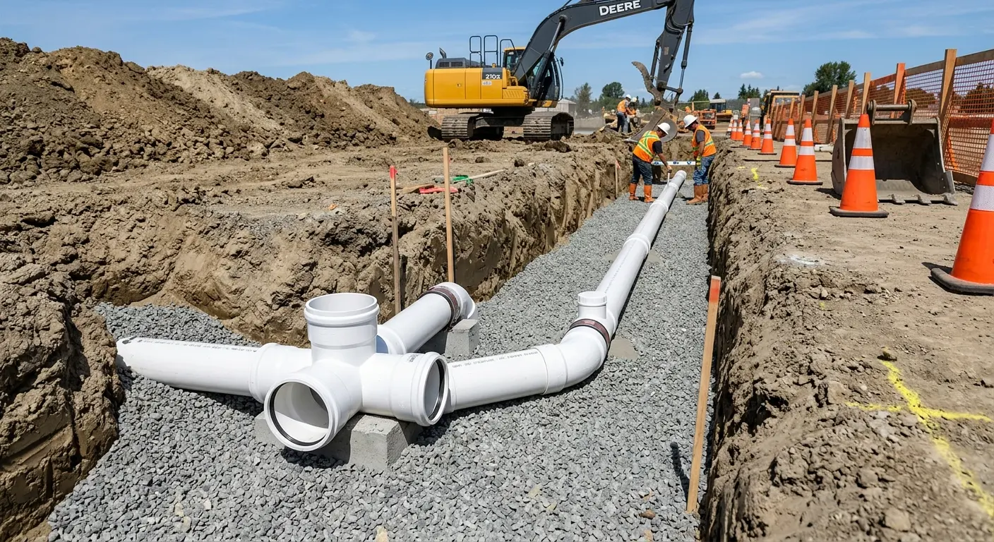 New PVC sewer pipe installation in open trench for Commercial Drain Cleaning in O'Hara