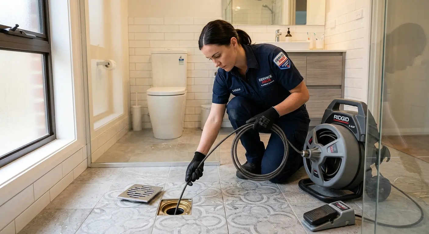 Technician clearing a bathroom floor drain for Hydro Jetting in O'Hara